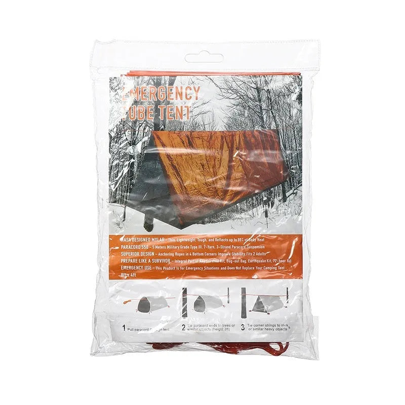 Orange portable disaster relief tent kit with sleeping bag and safety whistle for emergency shelter