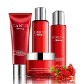 Red packaging for a four-piece pomegranate skincare set containing face wash, toner, lotion, and facial cream.