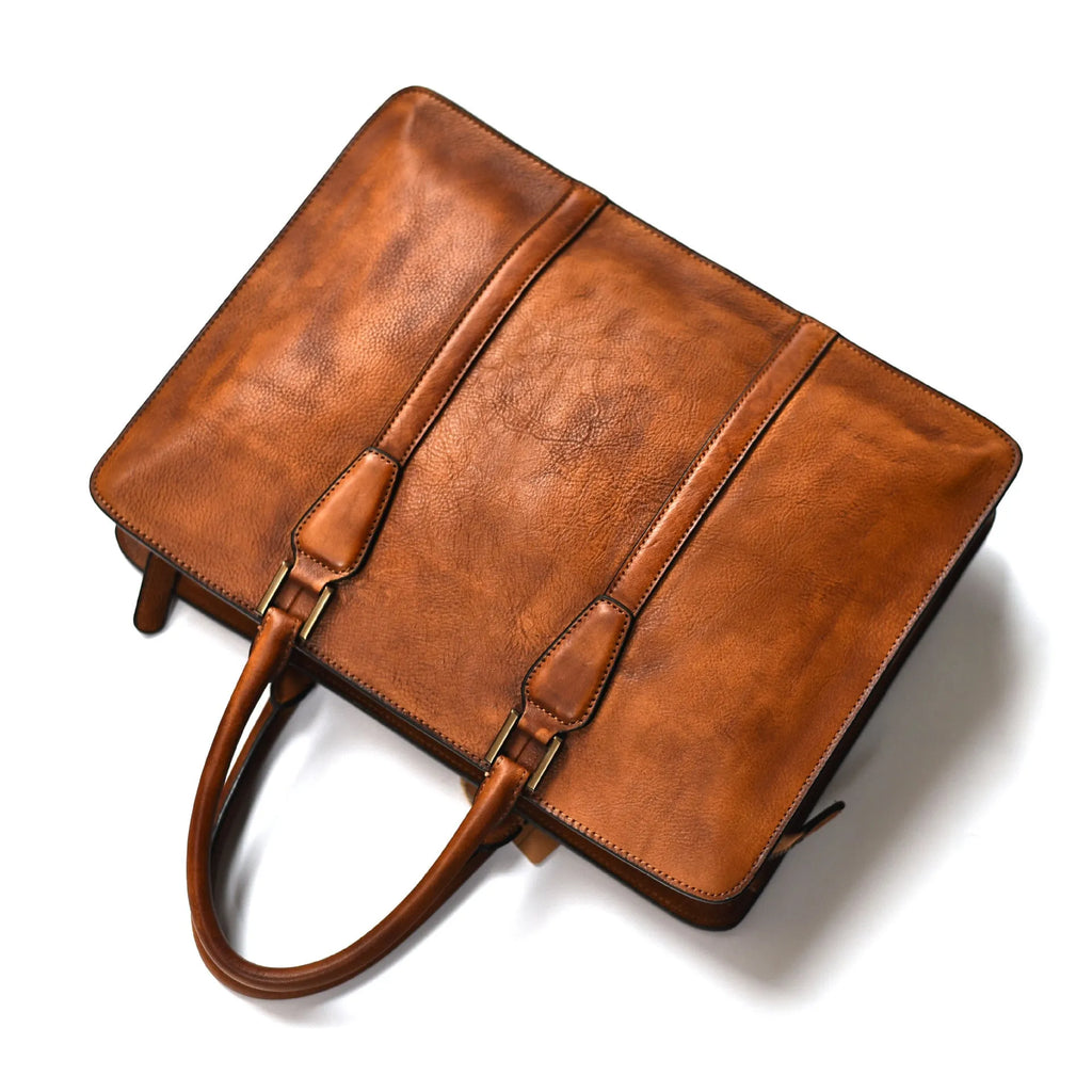 Men's 14-inch vegetable tanned leather handbag in horizontal square business style