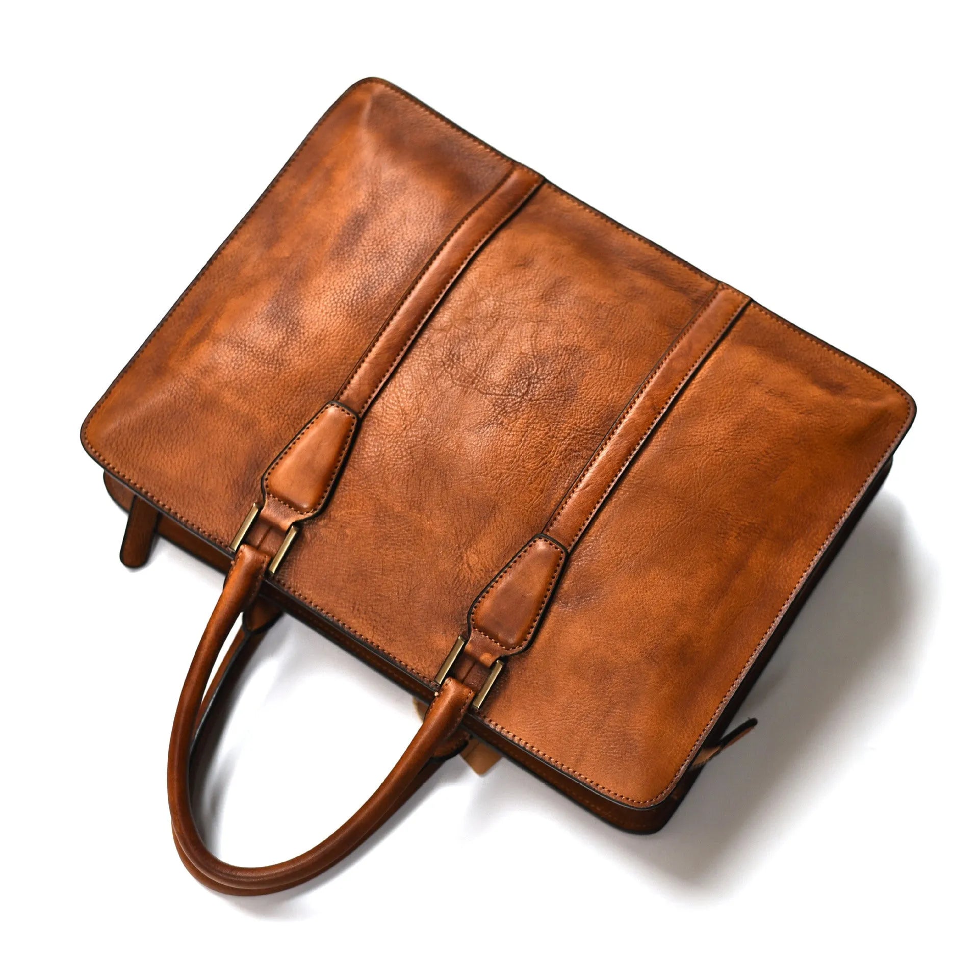 Men's 14-inch vegetable tanned leather handbag in horizontal square business style