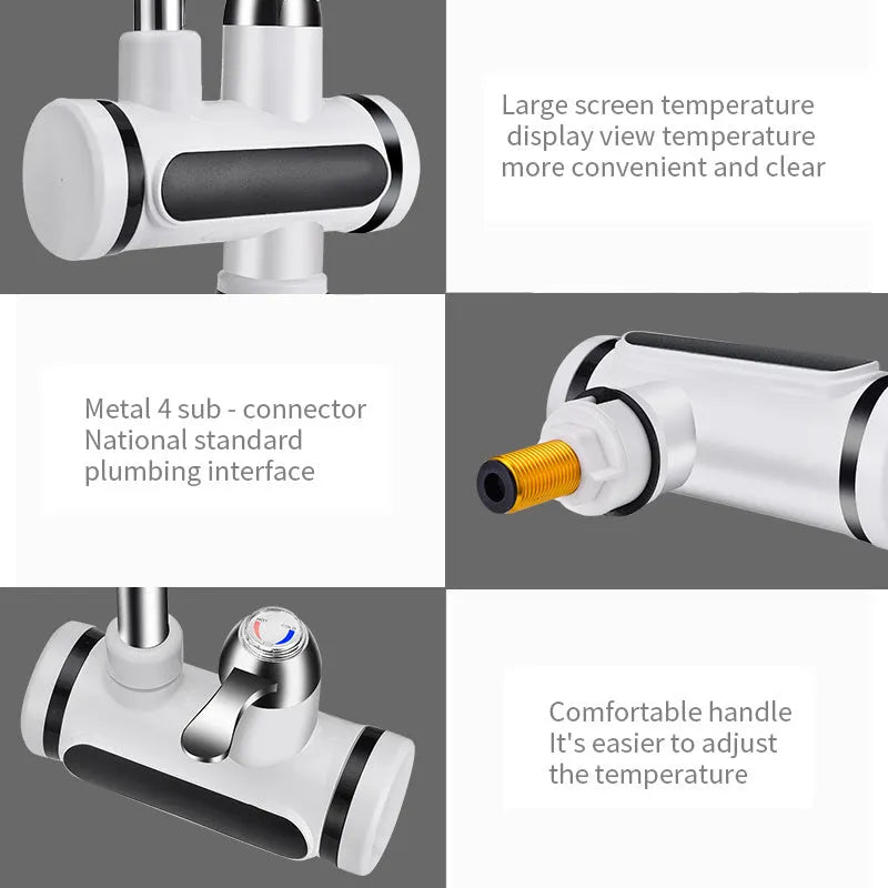 White instant electric water heater tap with digital temperature display for kitchen