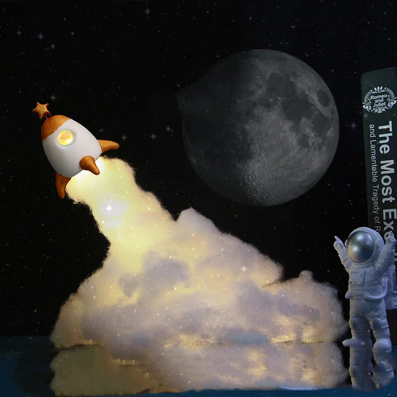 DIY Creative Night Light Kit showing Astronaut Rocket and Star Rocket LED decorations with warm white glow.