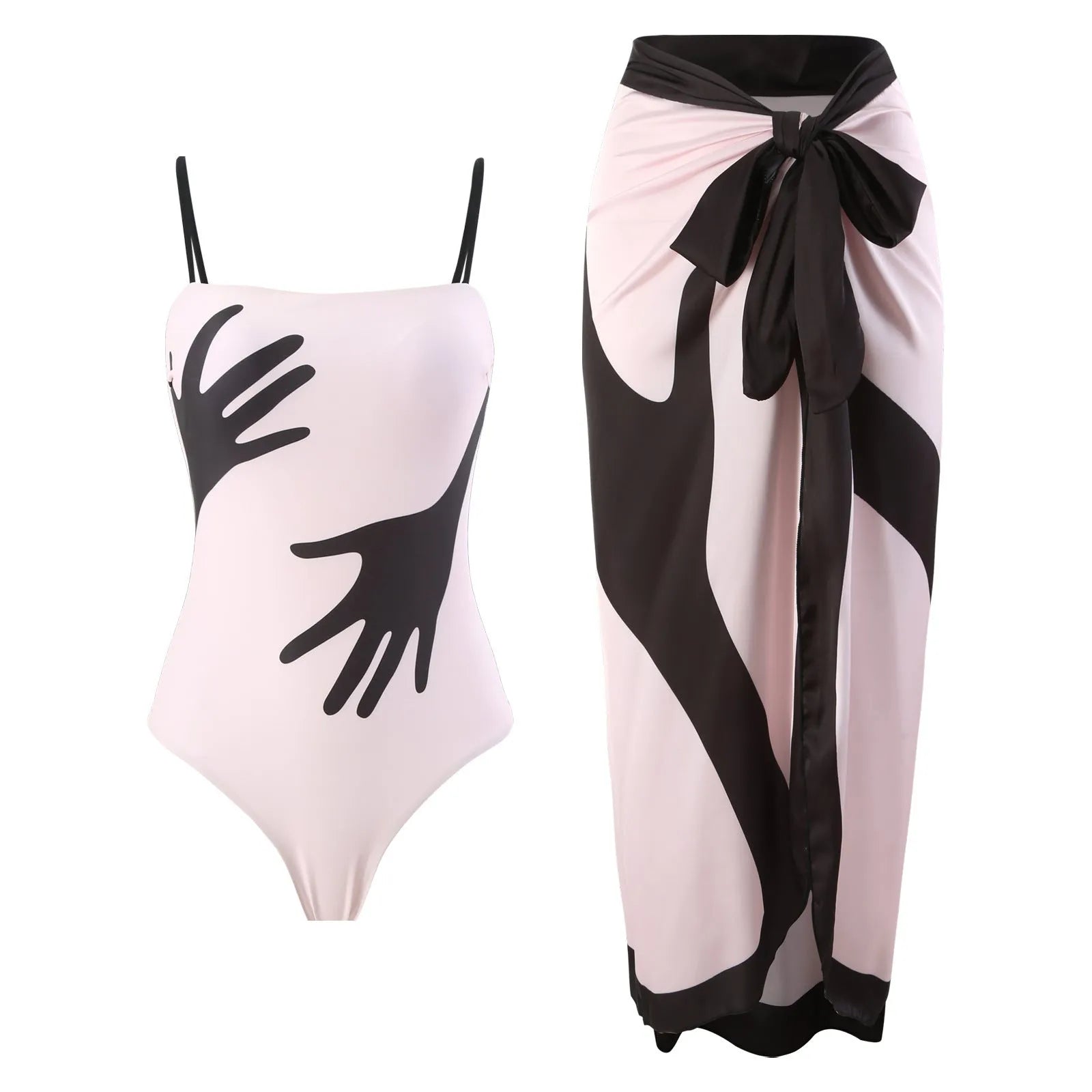 Women's patterned polyester bikini with attached sheer tulle skirt cover-up.