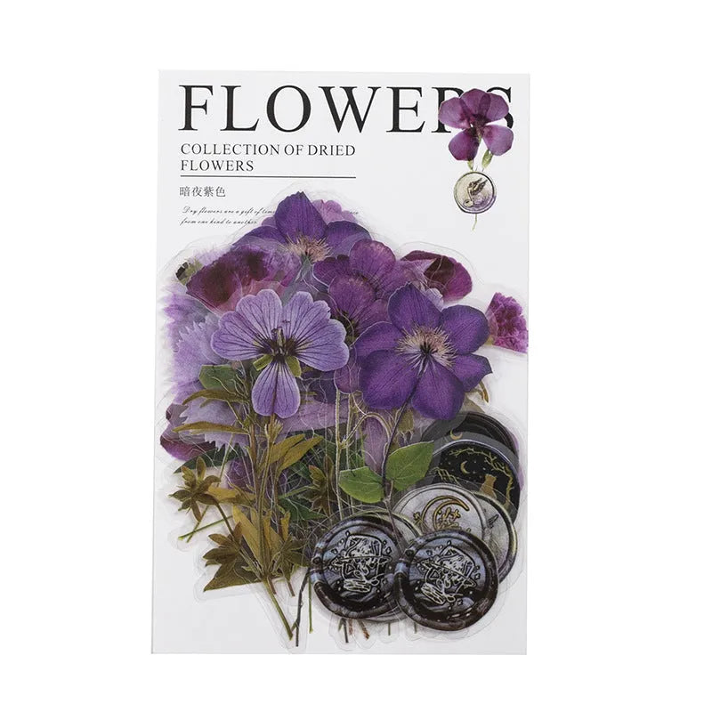 Creative dried flowers journal decoration sticker package showing 8 modern art styles on PET material, 70mm x 70mm size