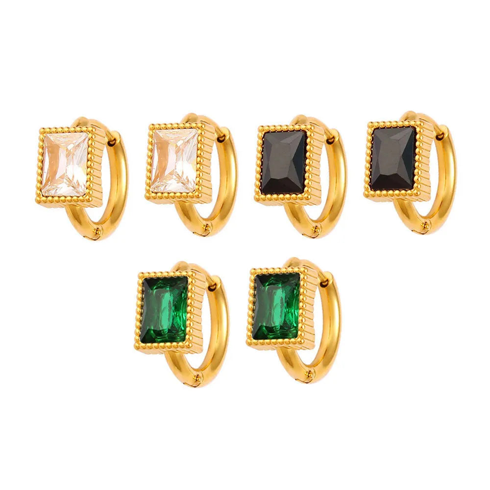 Square zircon geometric stainless steel earrings in white, black, or green colours