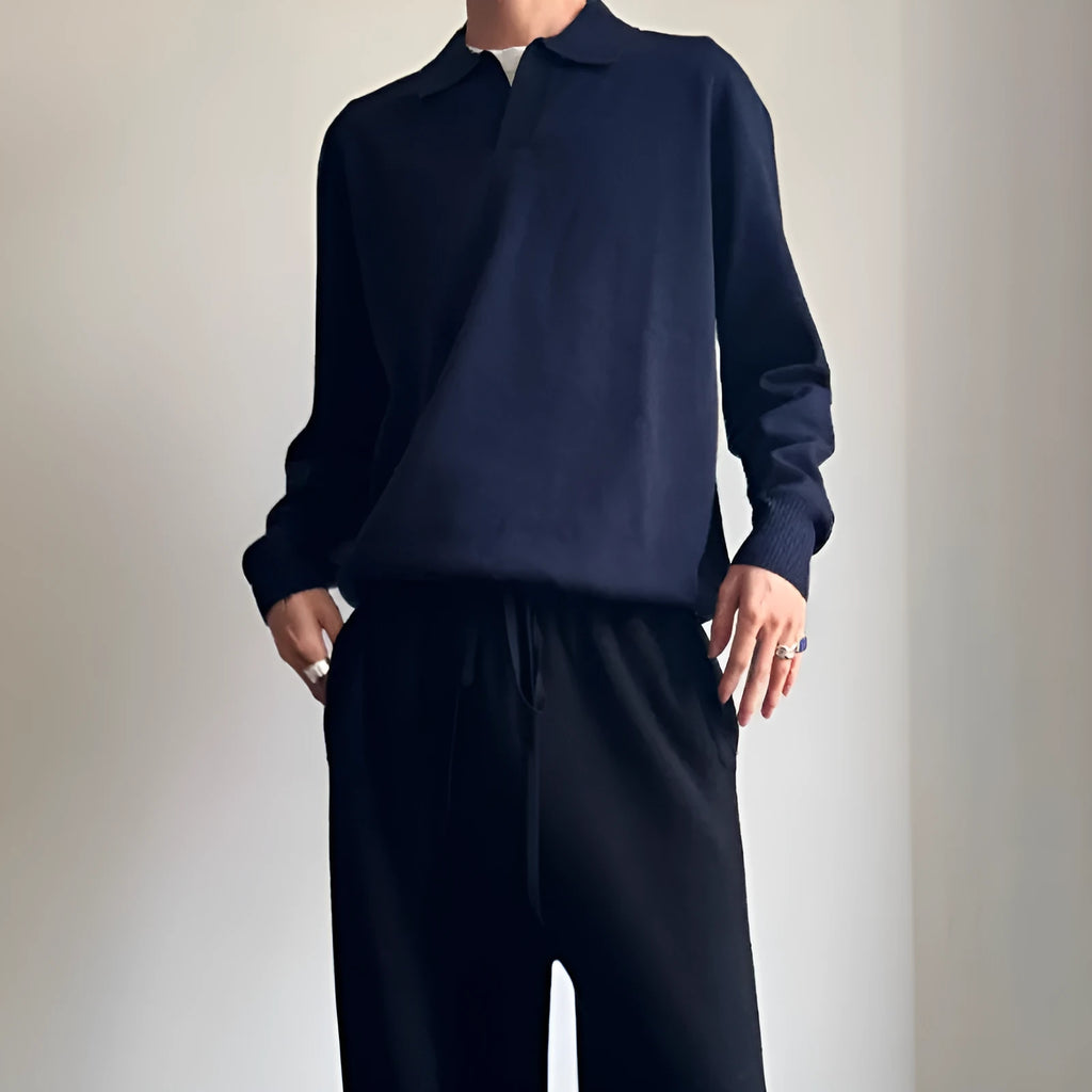 Men's milky white pure wool polo sweater with lapel collar and loose fit.