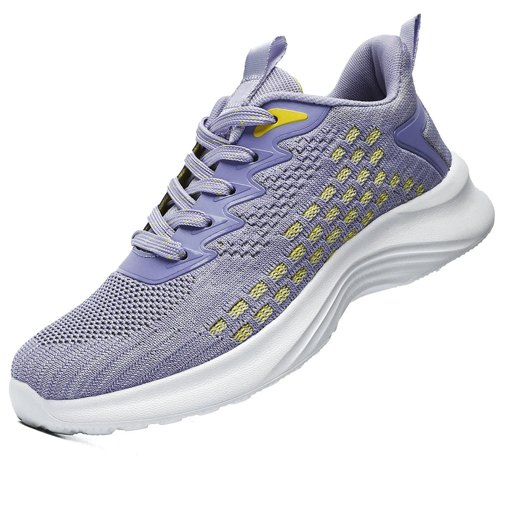 Women's Lavender Purple Flyknit running shoes with striped pattern and mesh upper on EVA sole.