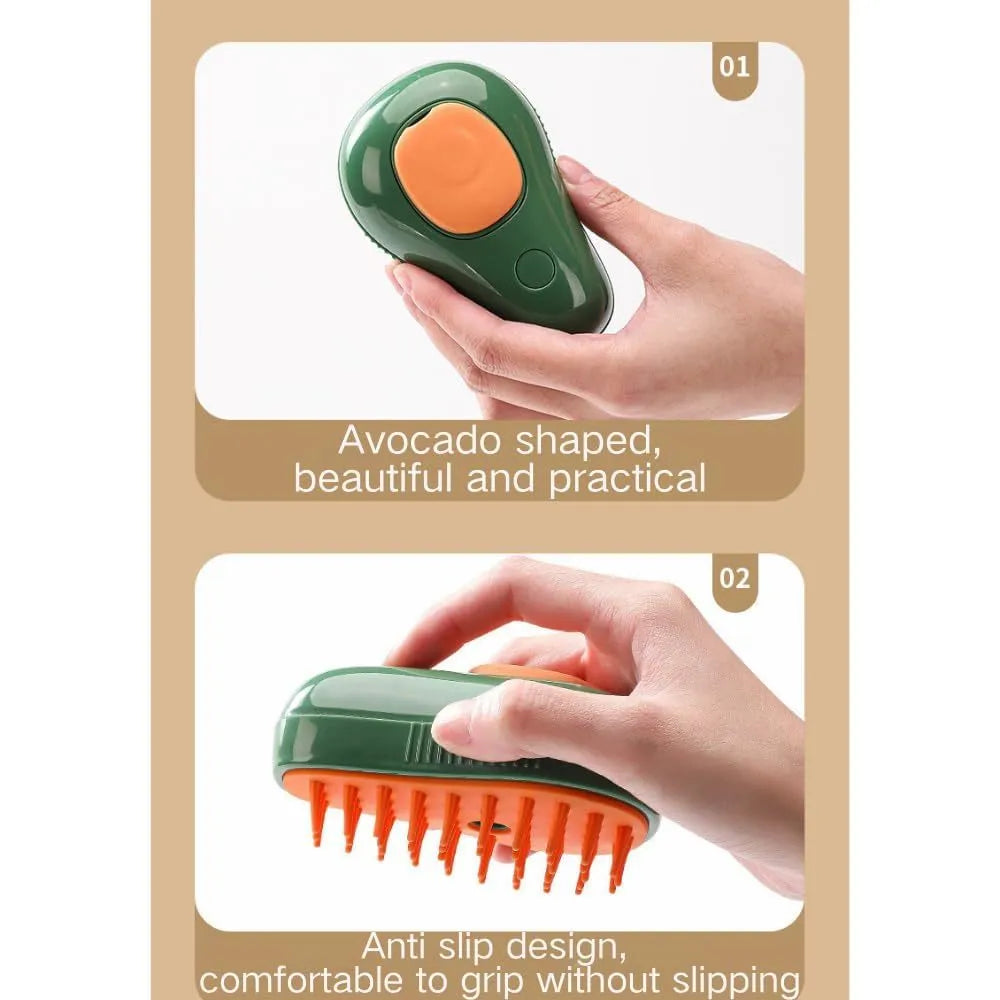 Green cat steam brush with water spray function and silicone teeth for pet grooming