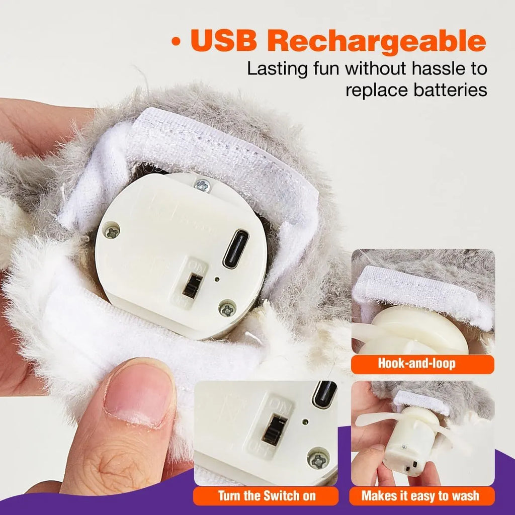 Grey automatic chirping owl cat toy with flapping wings on USB charging cable