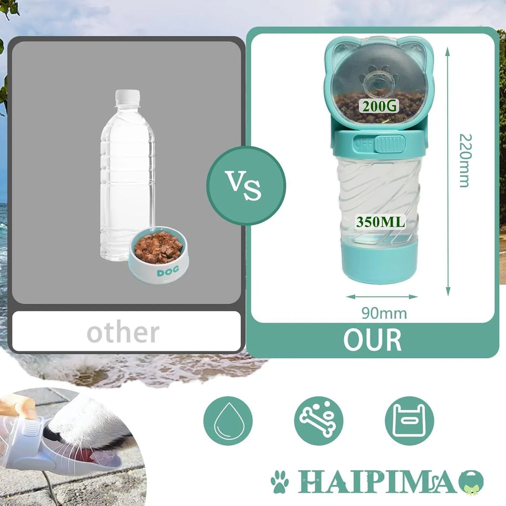 Green 3-in-1 pet water bottle with food container and waste bag dispenser for outdoor use
