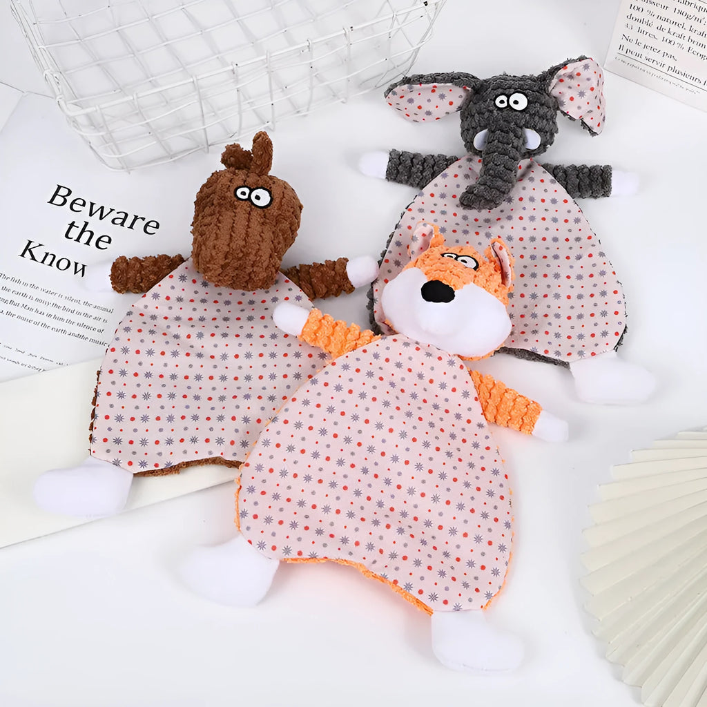 Brown and orange soft velvet pet stuffed toys shaped as an elephant and a fox for cats and dogs.