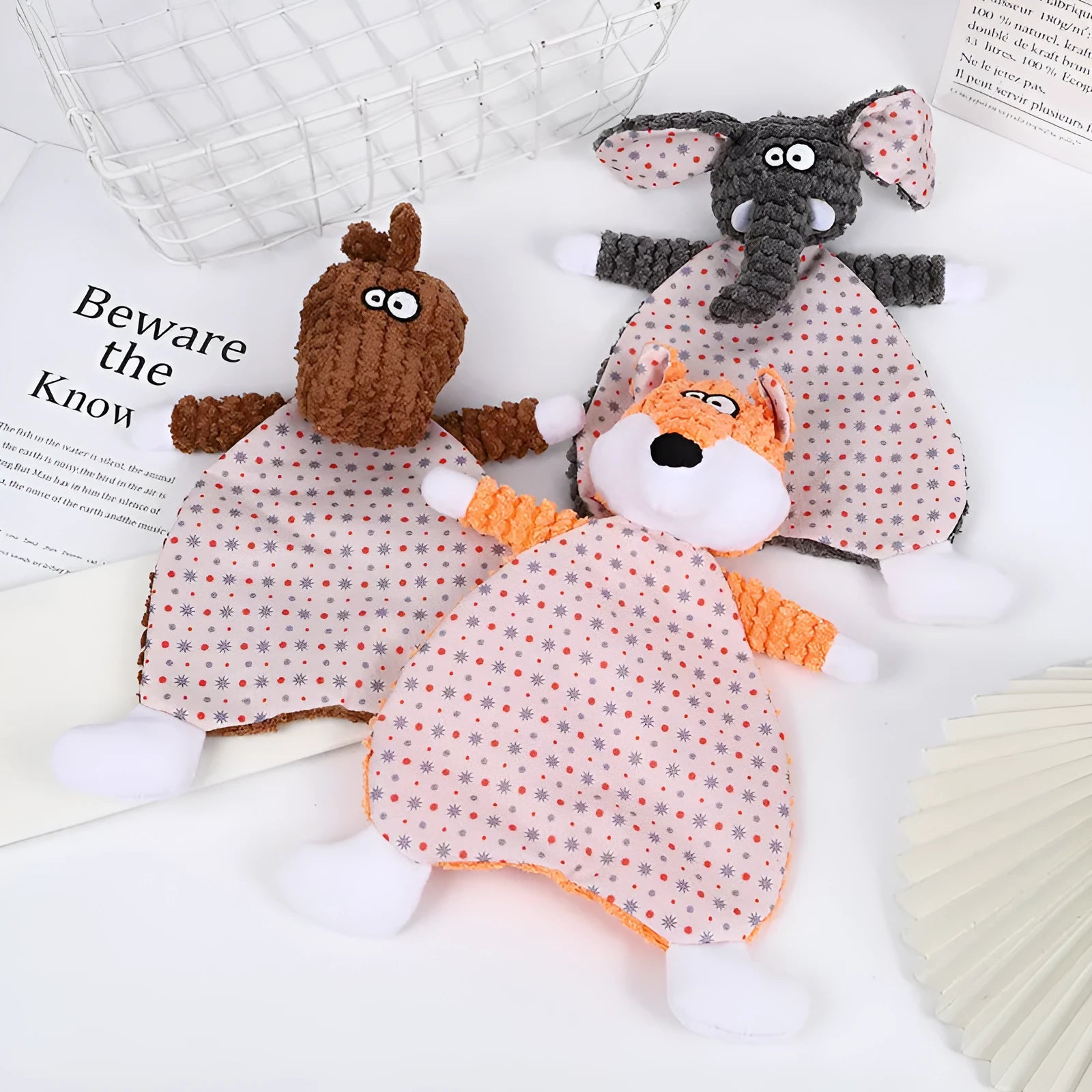 Brown and orange soft velvet pet stuffed toys shaped as an elephant and a fox for cats and dogs.