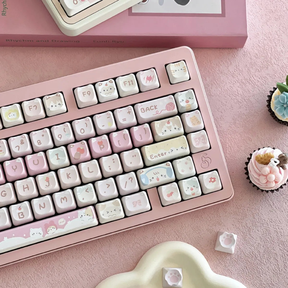 Meow Meow Team 141-key plastic key cap set with five-sided sublimation design for mechanical keyboards.
