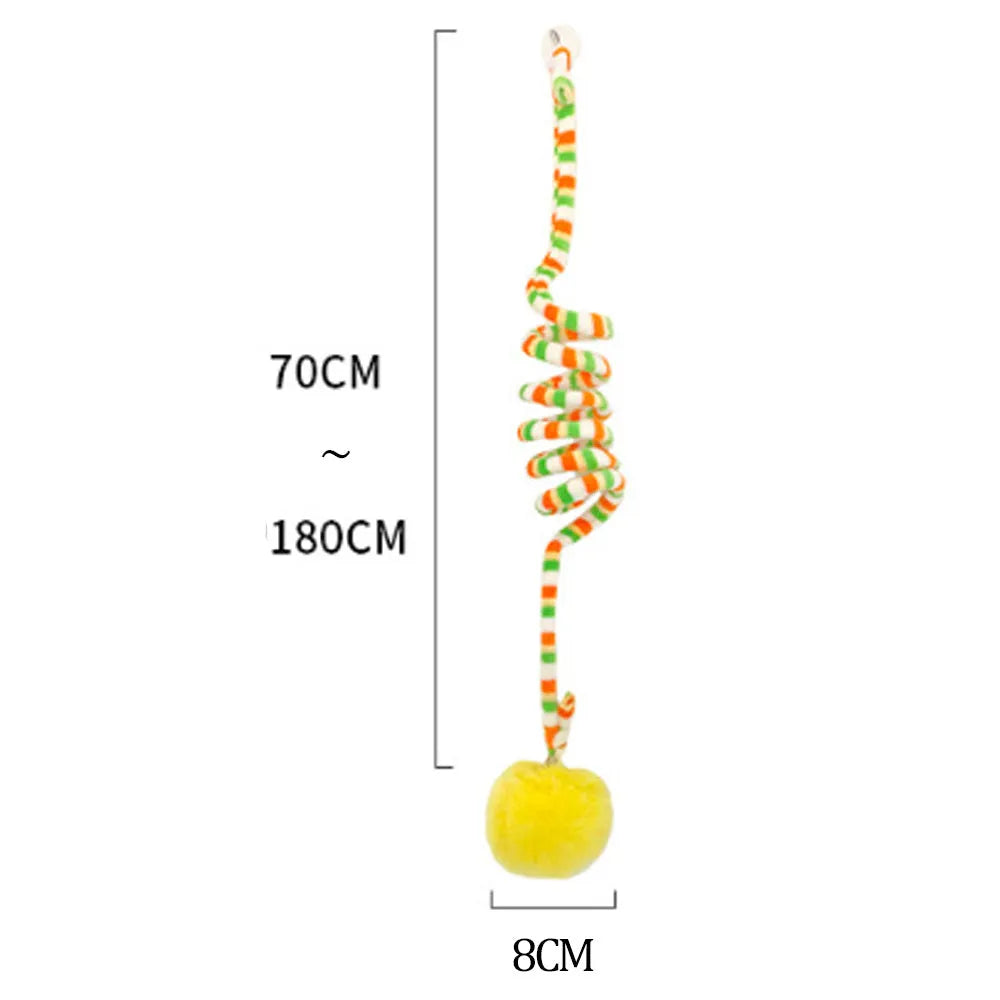 Hanging cat toy with suction cup, spring attachment, inflatable ball and bell stick in multiple colour options