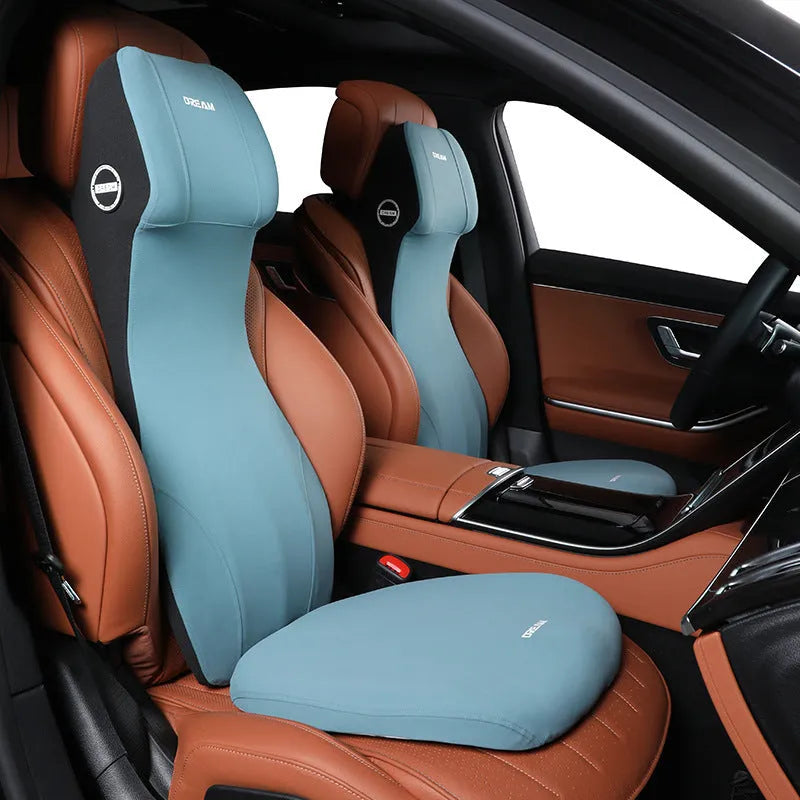 Black automotive memory foam waist cushion and headrest lumbar support pillow set on car seat