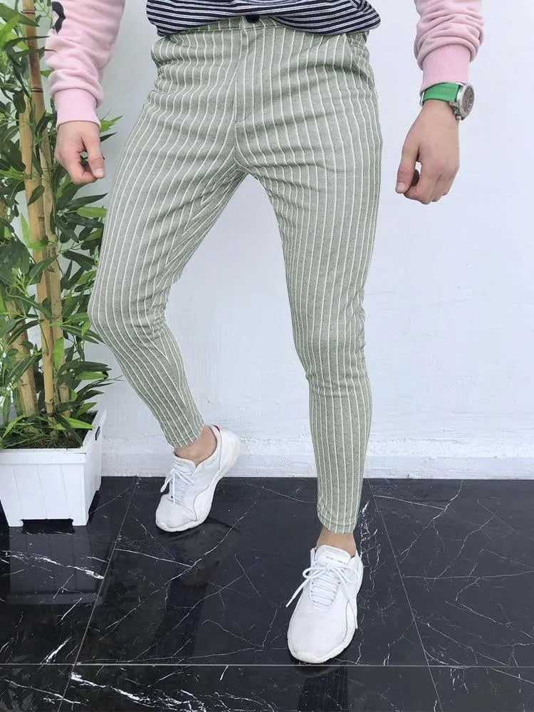 Men's slim-fit plaid casual trousers with elastic waist and straight leg styling