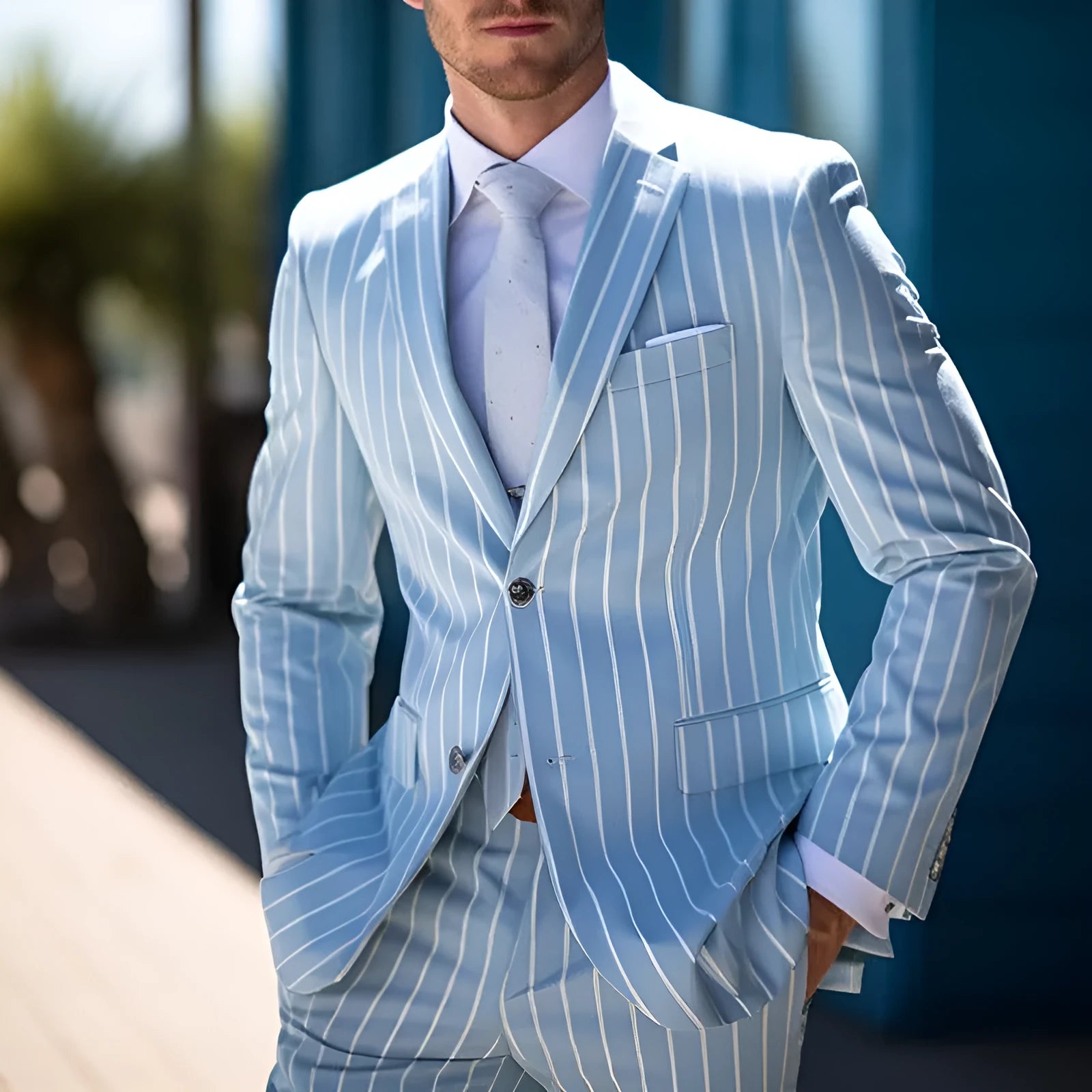 British style men's suit jacket with double button closure and blue white buttons