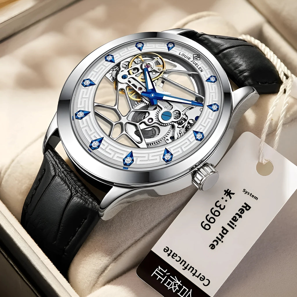 Men's silver mechanical watch with luminous hands on black leather strap
