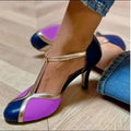 Women's round toe high heel shoes with buckle fastening in light blue pink, blue rose red, and wine red black colours