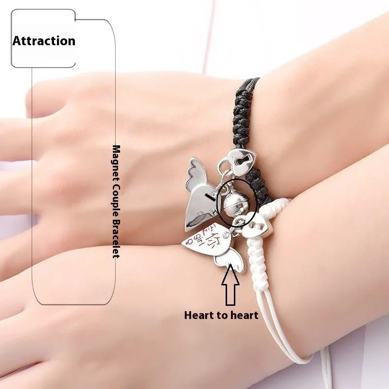 Magnetic couple bracelets with suction clasp showing various charm designs like a crown, clover, and love lock.