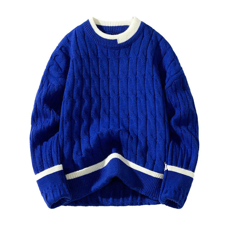 Men's loose-fit long sleeve pullover sweater in a modal acrylic blend, shown in light blue.
