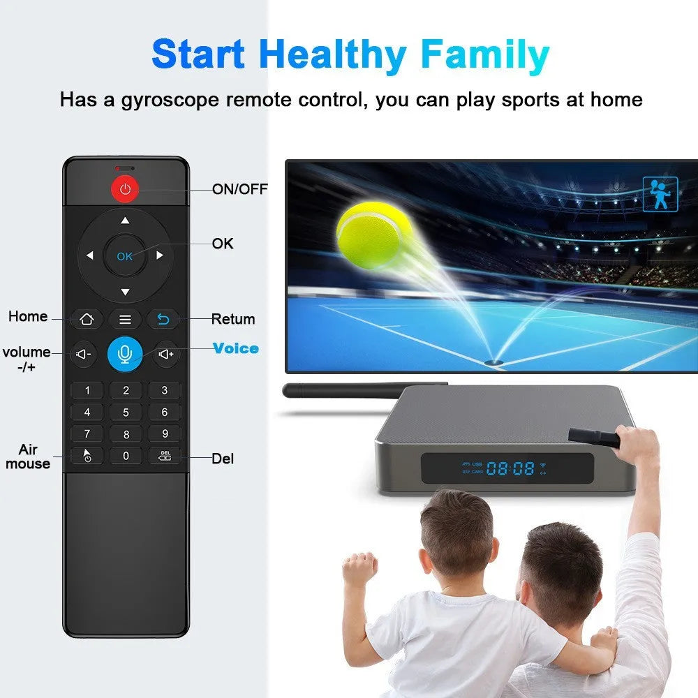 Compact black Android TV box with remote control and HDMI cable for 8K streaming