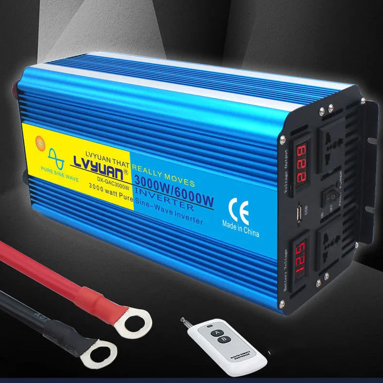 Blue 3000W pure sine wave car inverter with digital displays and UK sockets