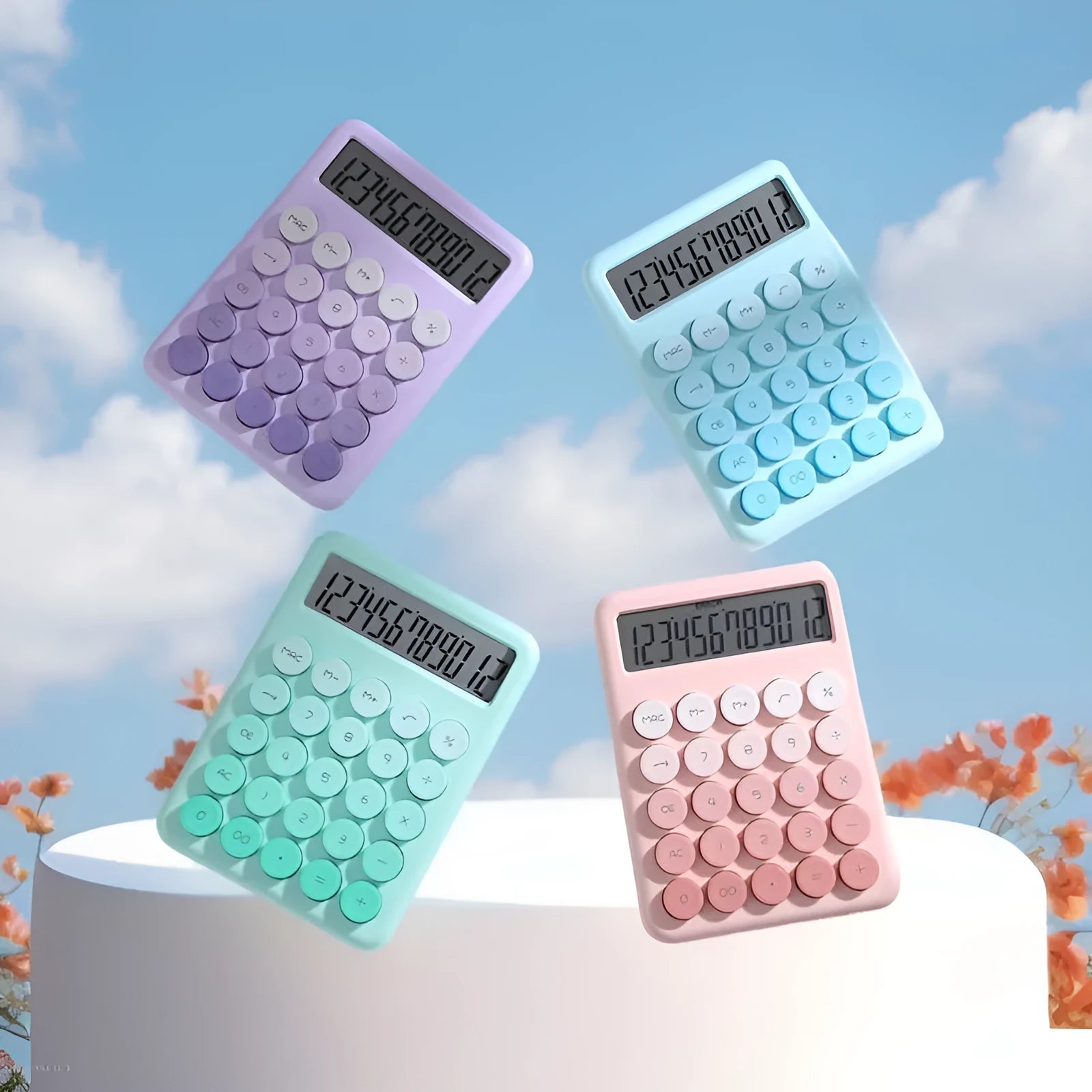 Solar-powered desktop calculator with a violet and white gradient colour design on a desk.