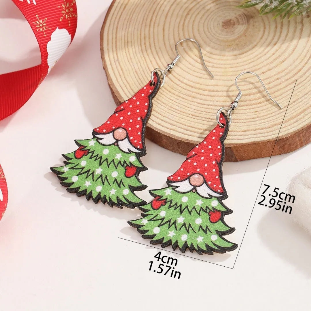 Women's wooden Christmas earrings with printed tree and snowman designs