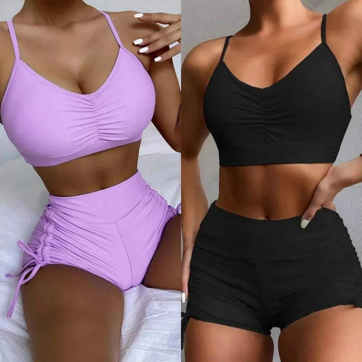 Women's high waist split bikini swimsuit in violet and black colours with sleeveless briefs style