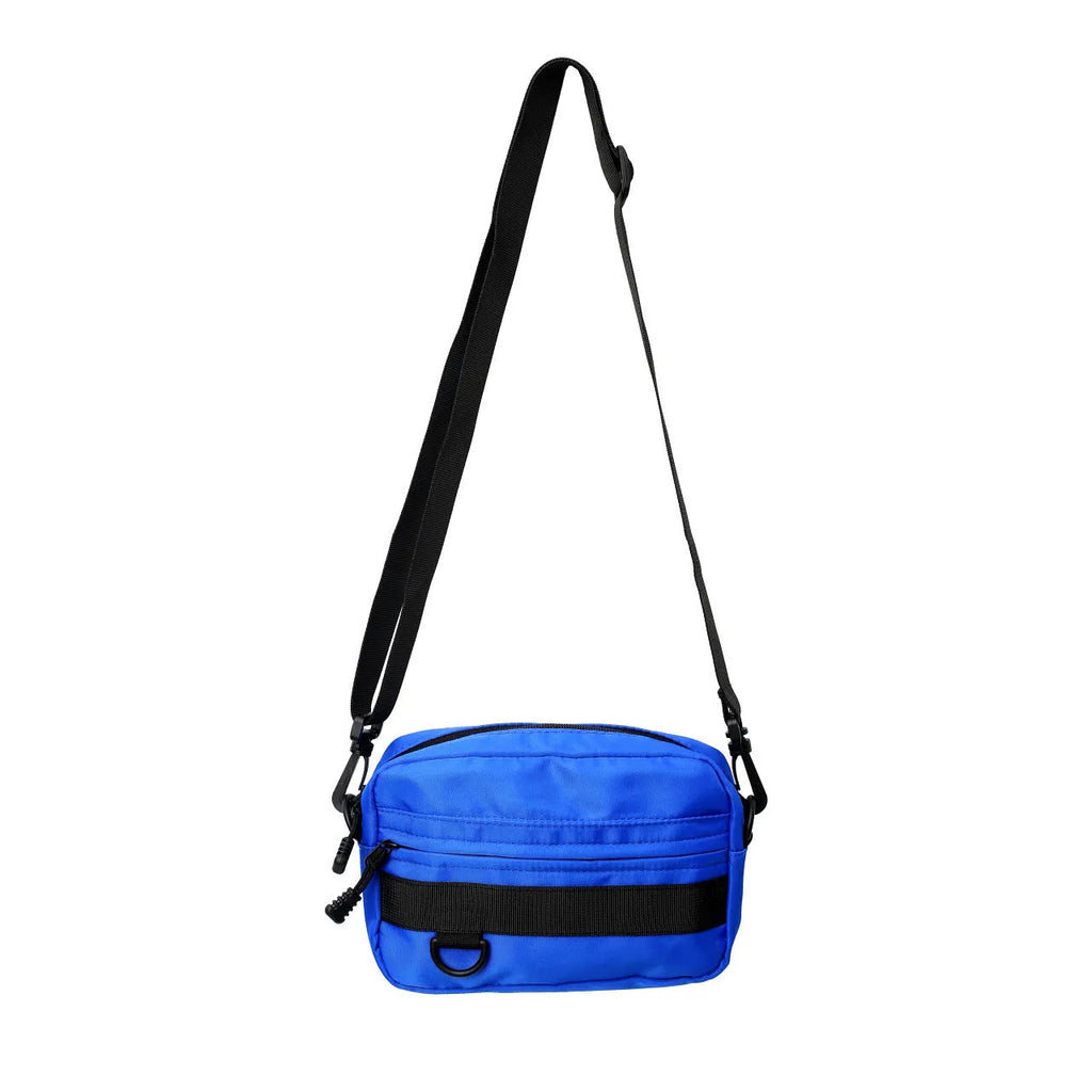 Men's street style nylon messenger bag in crossbody configuration with sewing thread detailing