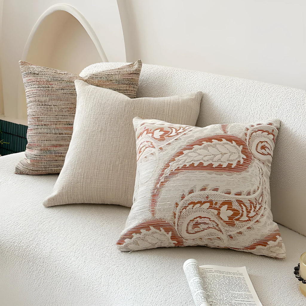 American-style jacquard paisley sofa cushion in amber colour with plant and flower pattern