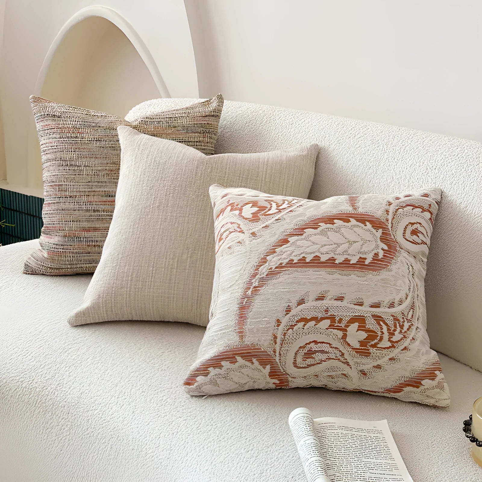 American-style jacquard paisley sofa cushion in amber colour with plant and flower pattern