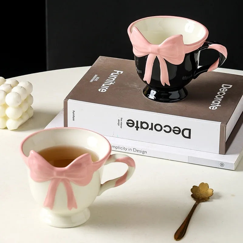 Ceramic mug with girl heart bow design in Black Pink and White Powder colours, 350ml capacity