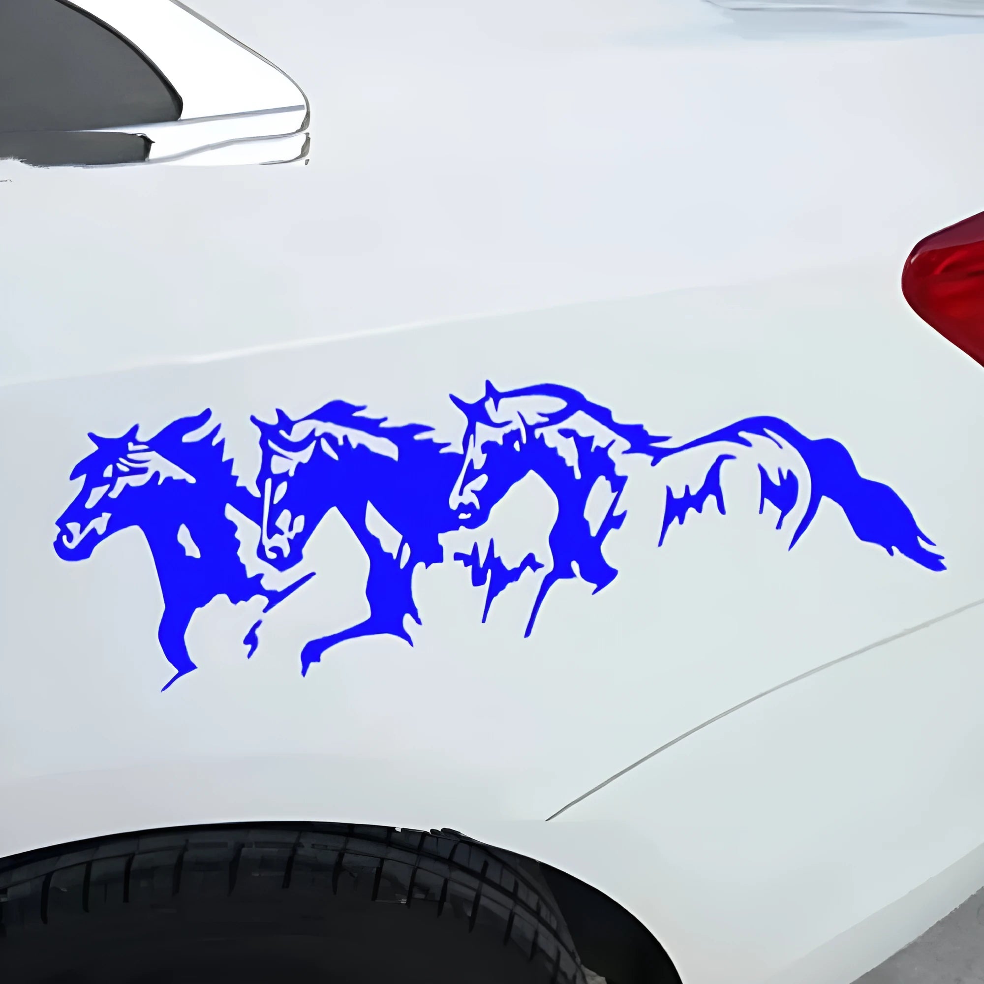 Black, white, red, and blue steed design car decal sticker measuring 25 by 8 centimetres