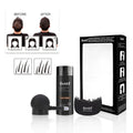 Boxed three-piece dense hair fibre powder set for thinning hair coverage in multiple colour options