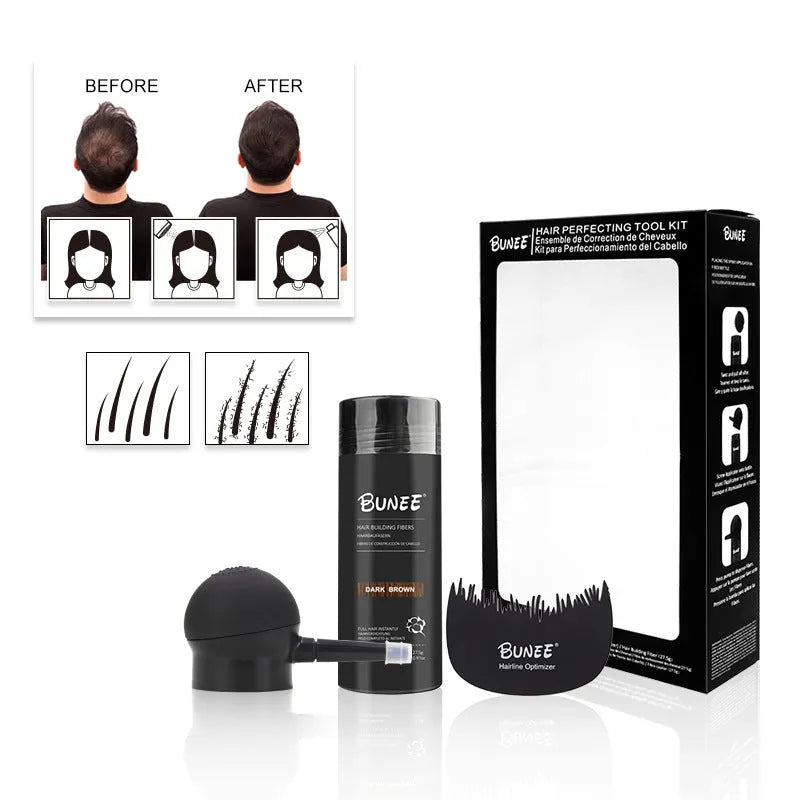 Boxed three-piece dense hair fibre powder set for thinning hair coverage in multiple colour options