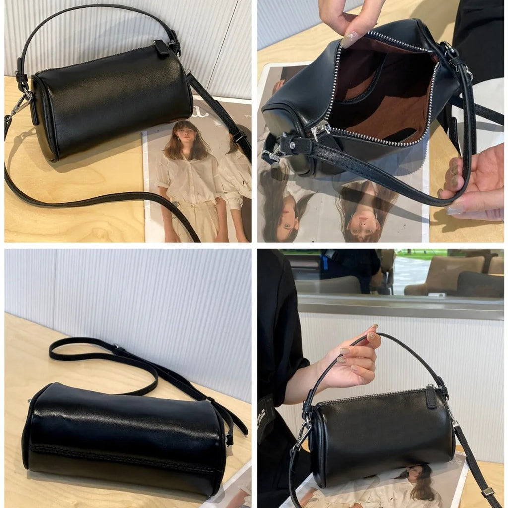 Vegetable tanned leather crossbody phone bag in cylindrical shape on a single adjustable strap.