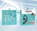 Black and blue unilateral wireless Bluetooth in-ear headset with rotatable earpiece.