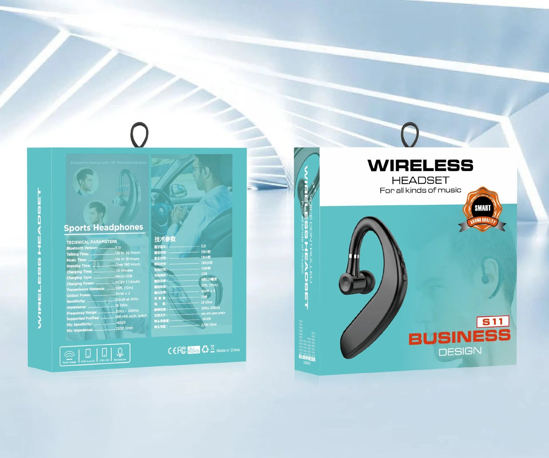 Black and blue unilateral wireless Bluetooth in-ear headset with rotatable earpiece.