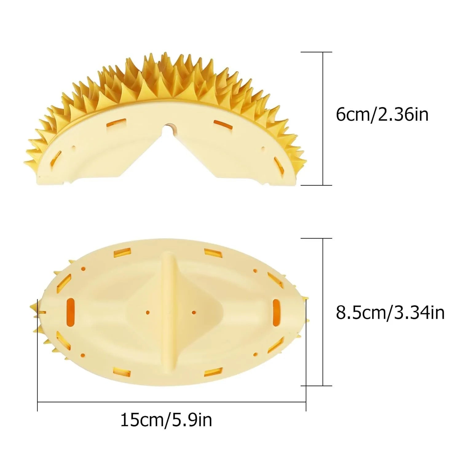 Yellow durian-shaped cat corner scratcher and grooming comb mounted on a wall.