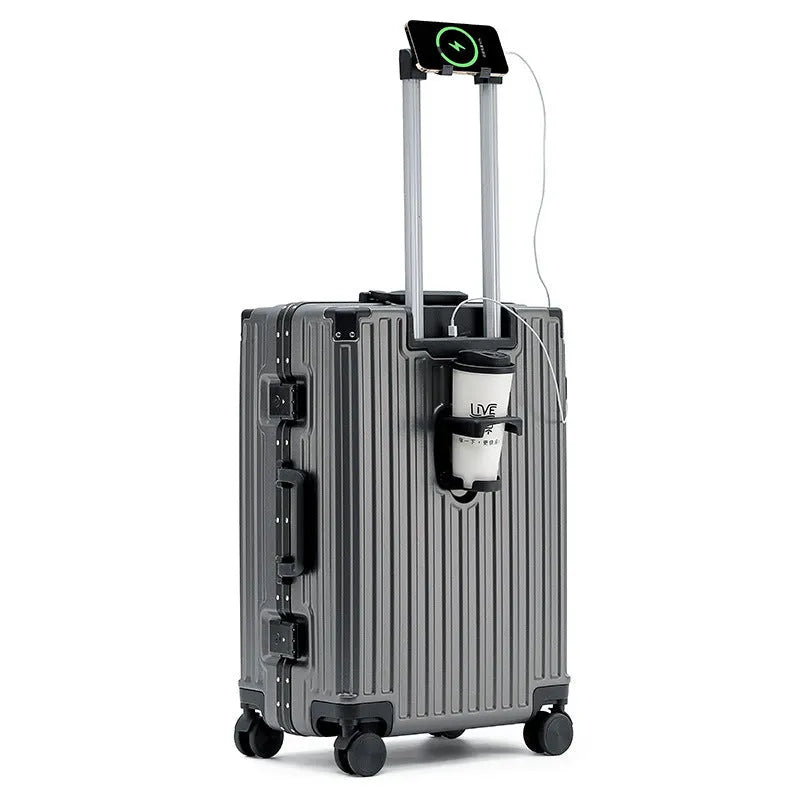 Aluminium frame luggage case in ABS PC material with universal wheels and organisational compartments