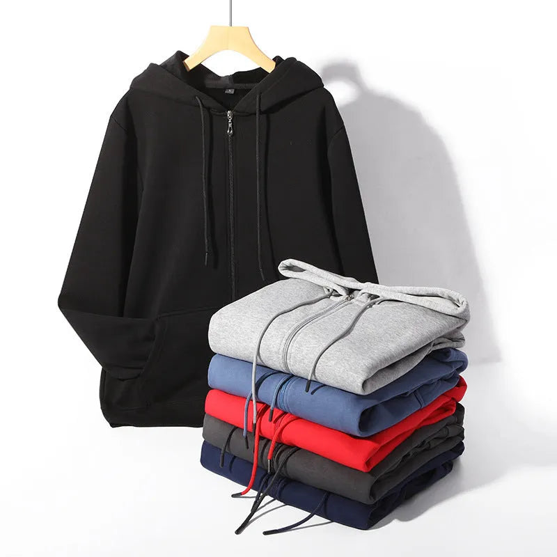 A beige men's plus-size zip-up hooded sweater with top-stitch pockets on a mannequin.