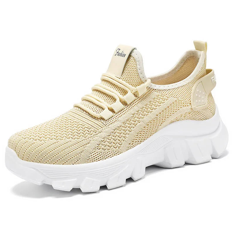 Men's casual sneakers with flyknit upper and thick PVC sole in beige colour