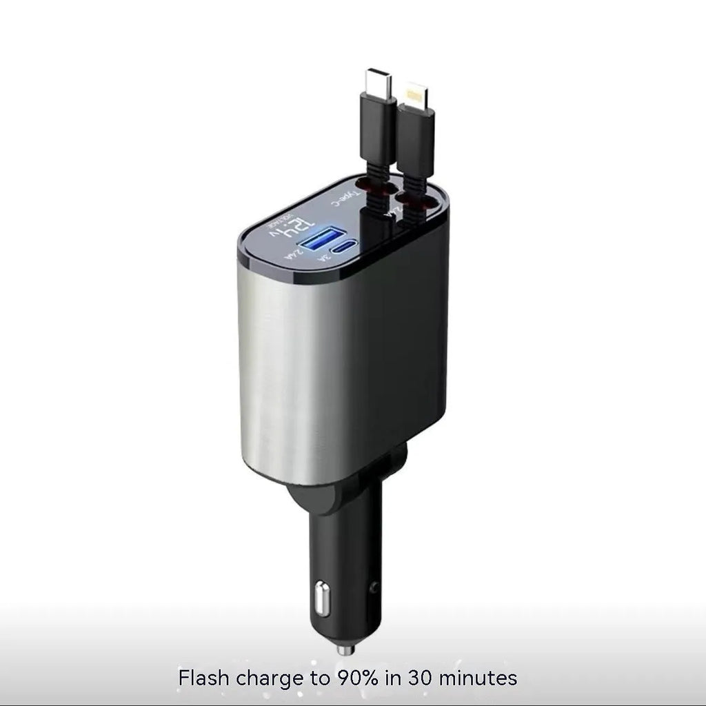 Automatic retractable car charger with four USB ports plugged into a vehicle cigarette lighter socket.