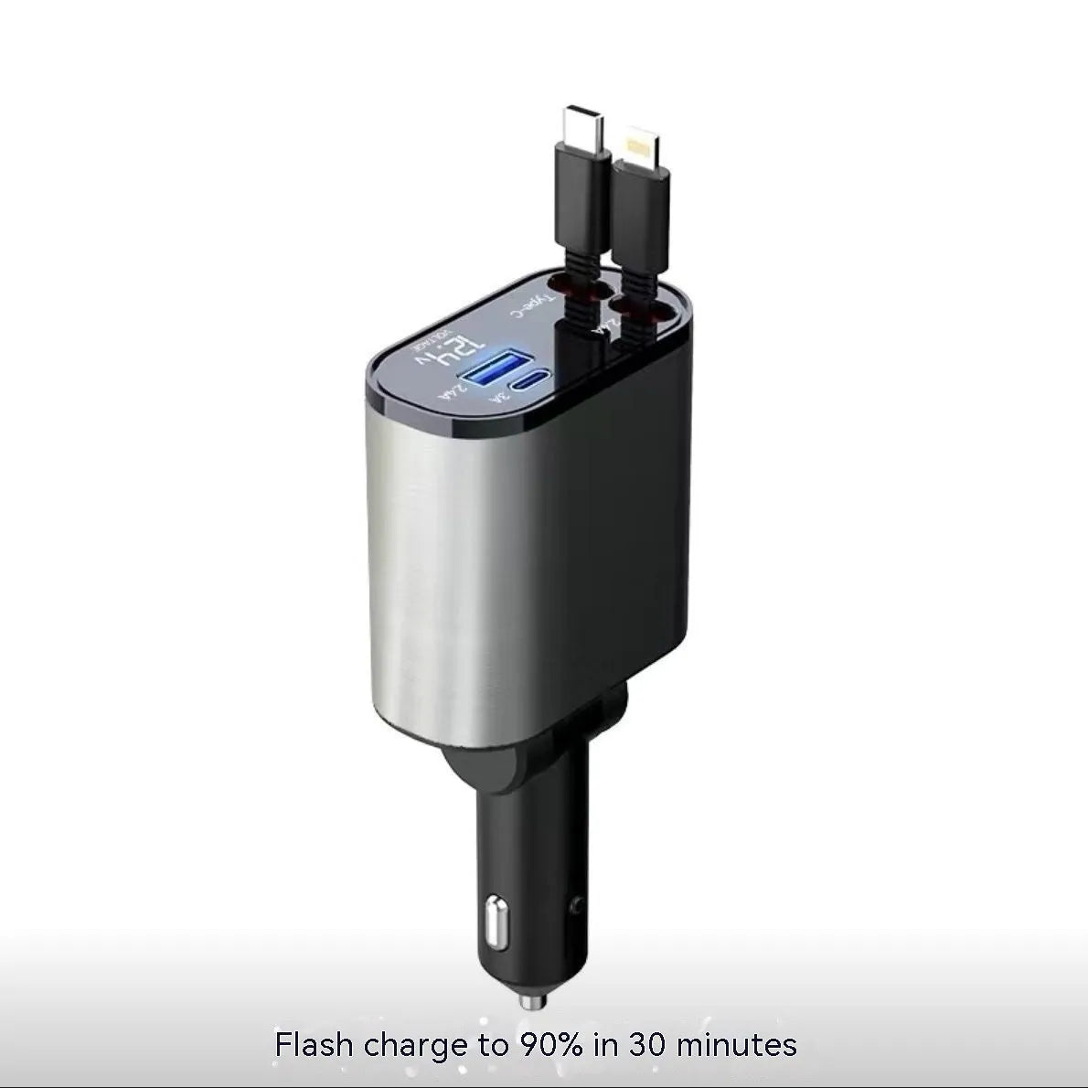 Automatic retractable car charger with four USB ports plugged into a vehicle cigarette lighter socket.