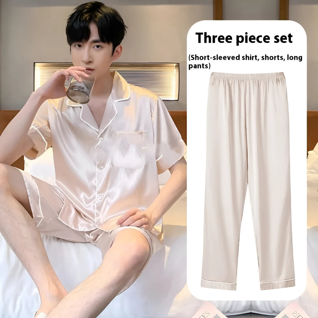 Men's ice silk three-piece homewear suit showing short sleeve top with elasticated shorts and trousers in silver colour