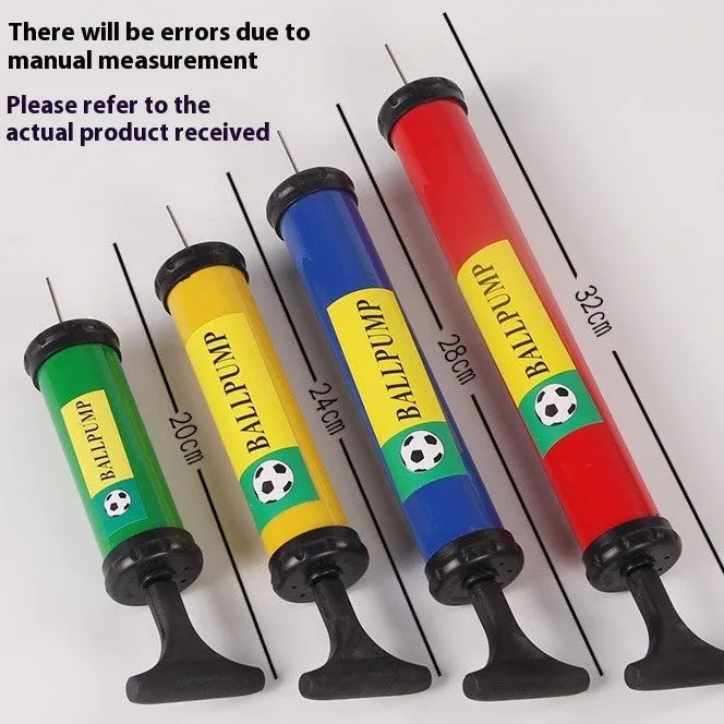 Manual high-pressure plastic pump for inflating sports balls and balloons in mixed colours.