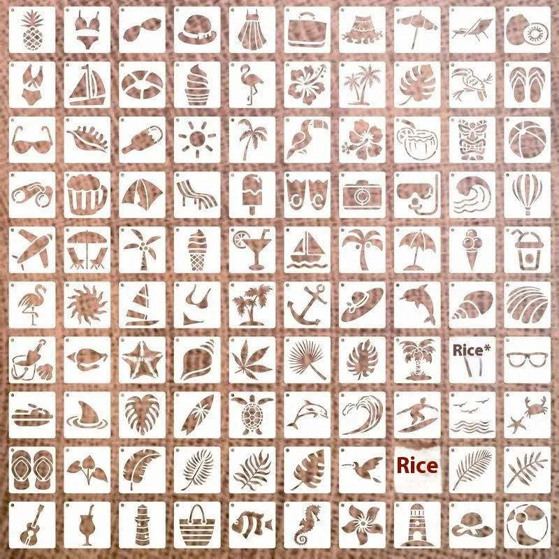 700-piece collection of 2-inch PET film spray painting stencils showing flower, animal, ocean, Hawaiian, and letter designs
