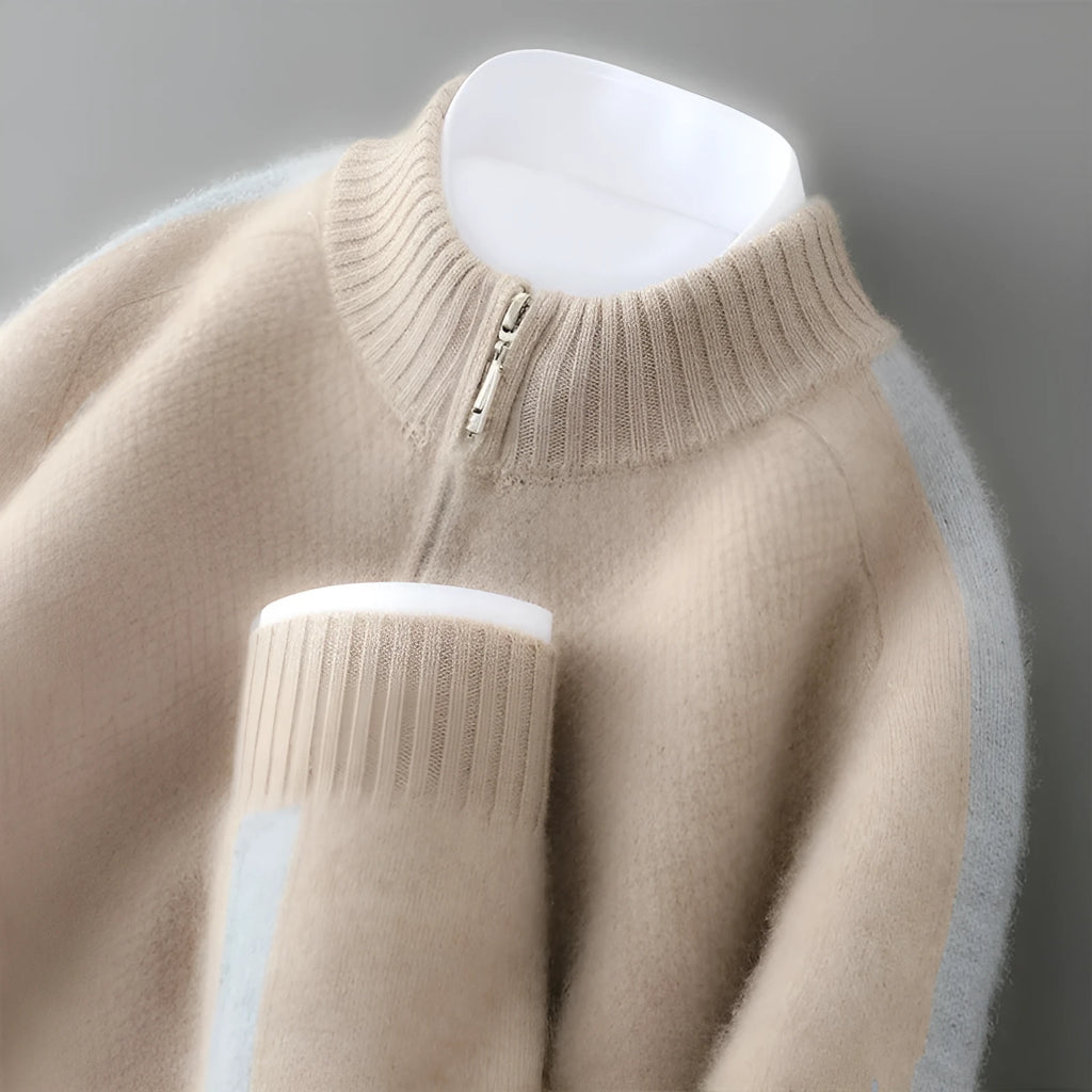 Sheep wool half-zip knitted sweater in slim fit, shown in Raw Velvet Camel colour.